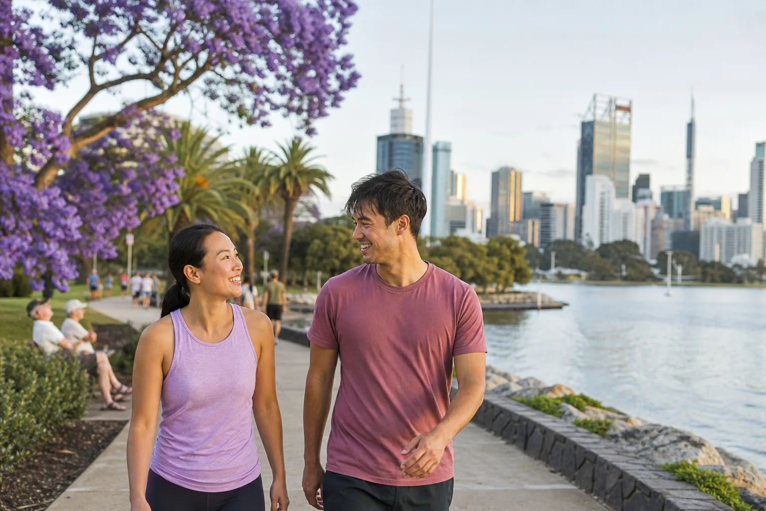 Two people talking over coffee beside the Swan River in Perth, Western Australia