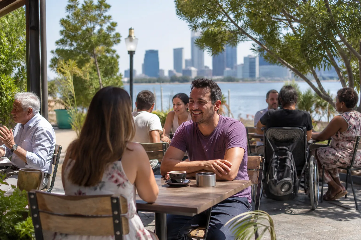 Perth singles talking beside the Swan River at sunset