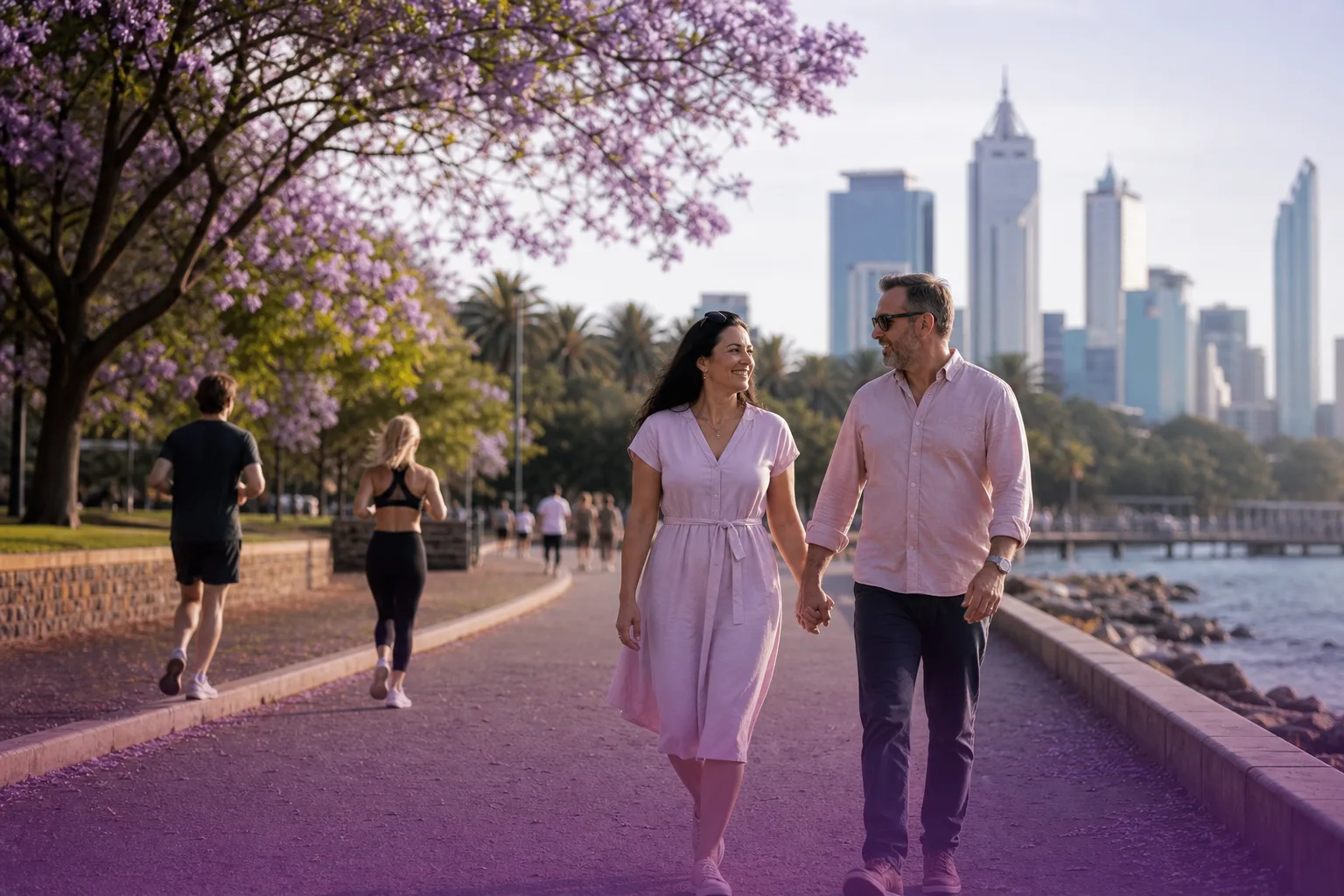 Perth singles walking beside the Swan River with the city skyline behind them