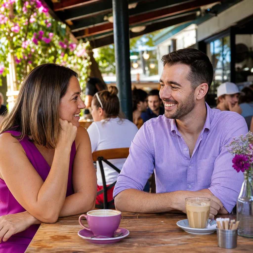 Two people talking over coffee at an outdoor cafe in Fremantle