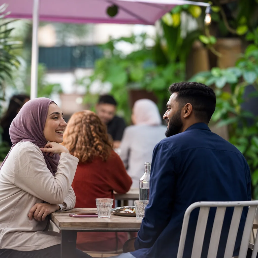 Two people having a respectful conversation at a structured singles gathering
