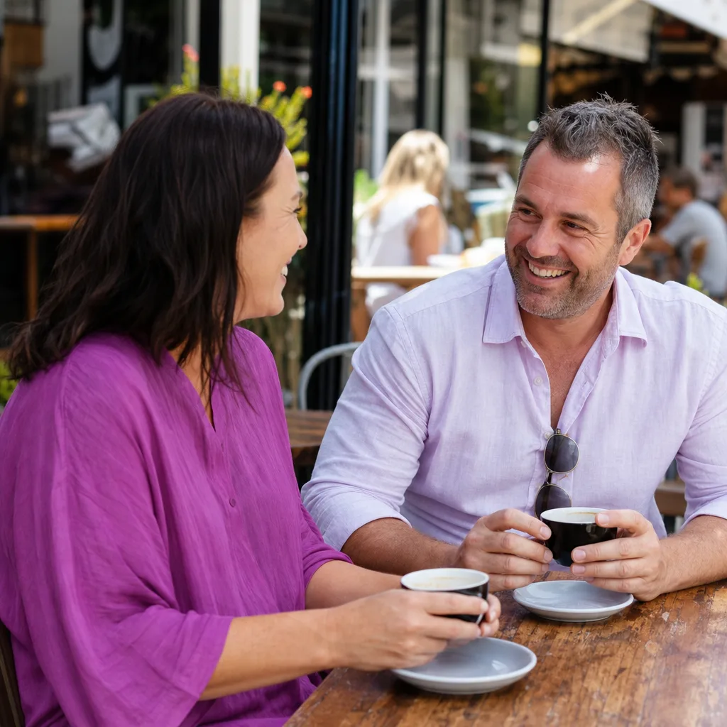 Two adults meeting near Kings Park with the Perth skyline behind them