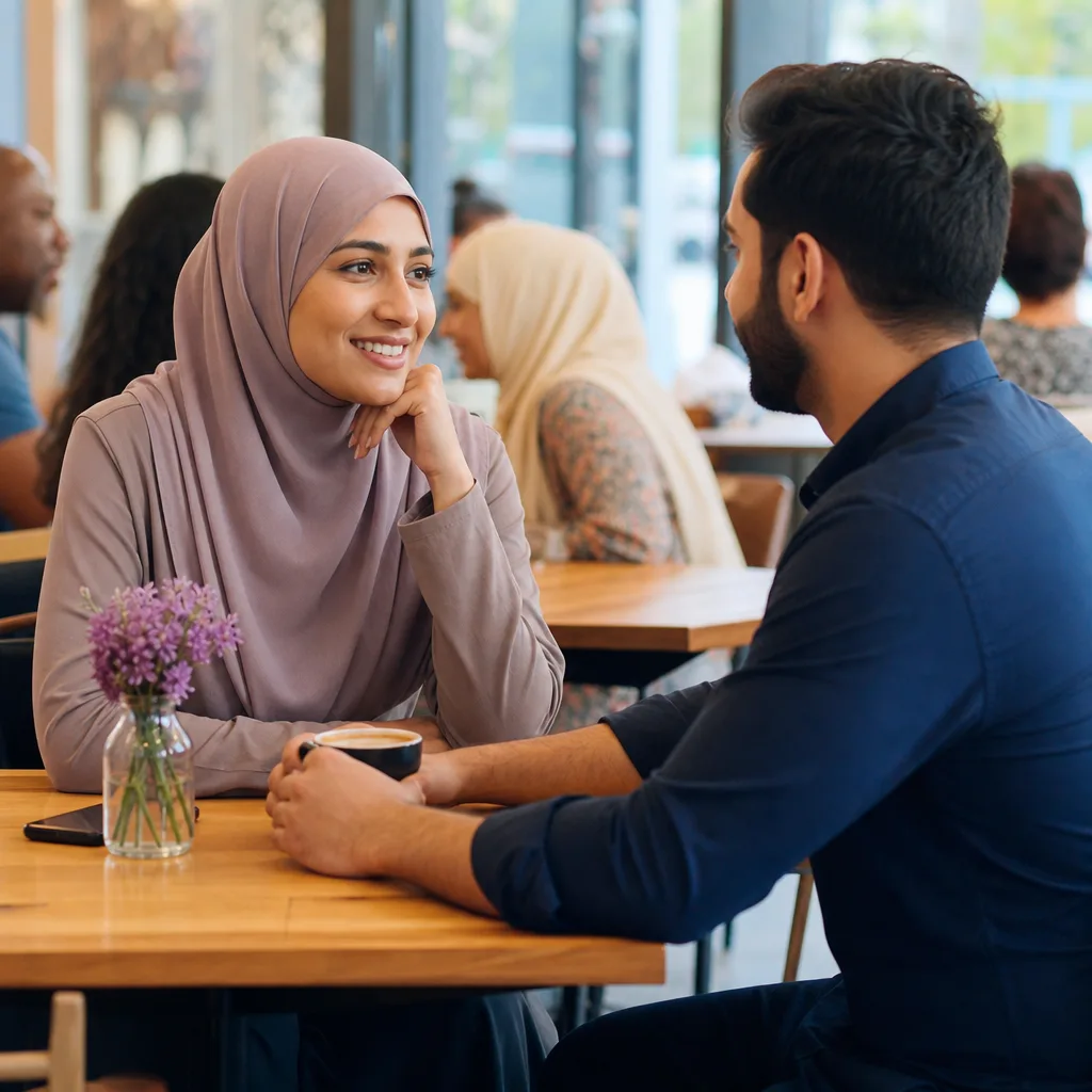 Muslim event attendees meeting in a bright public venue in Perth