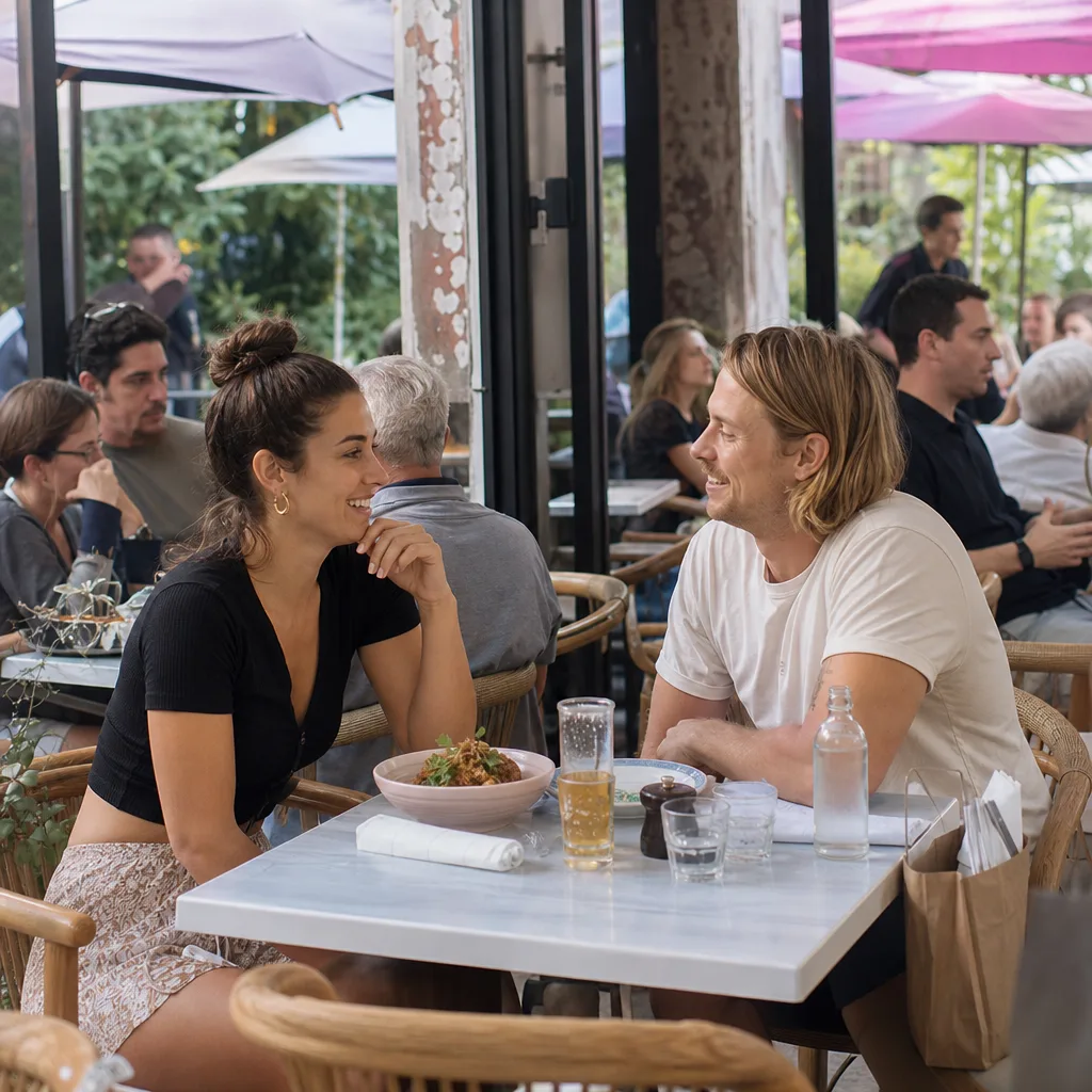 Person using a dating site on a phone at a Fremantle cafe