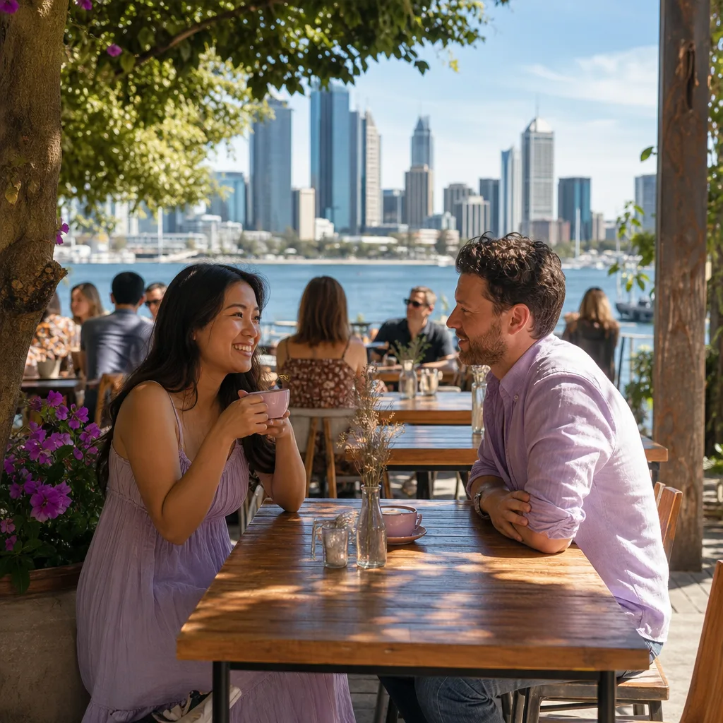 Two adults having a daytime first date at a busy Fremantle cafe